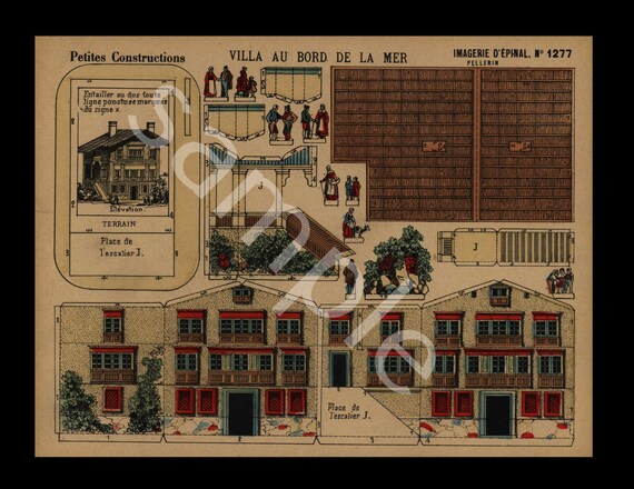 Original Antique Hand Colored Architectural Print Petits constructions villa by the sea