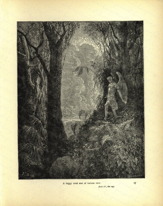 Antique Original Biblical Print by Gustave Dore From Rare Milton's Paradise Lost -   Happy rural seat of various View.- Two sided