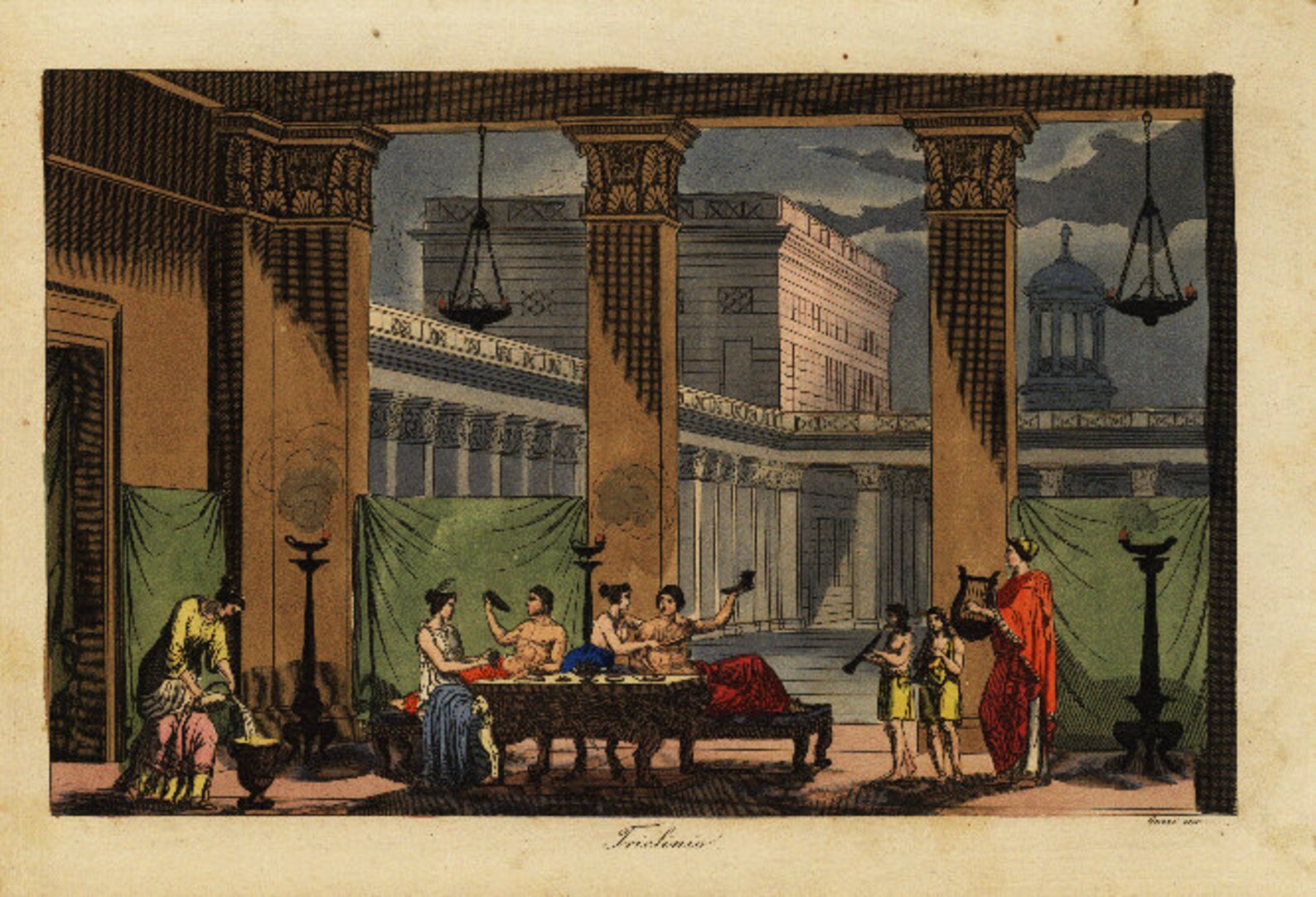 Antique Hand Colored Original Costume Engraving Men and Women at Dinner