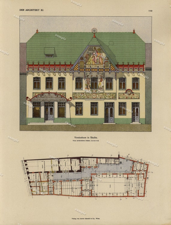 1905 Original Architecture Color Lithograph Decorative art- wall art- home decor - Large folio size - Rare DER ARCHITEKT Wiener Monatshefte