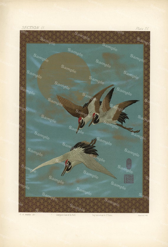 Japanese decorative art original color lithograph print of cranes dates 1887 large size profile