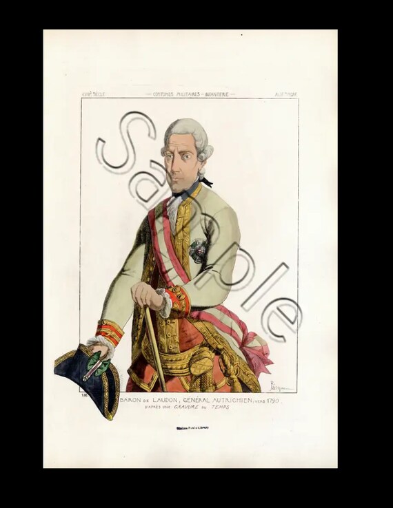 Antique French Hand Colored Original  Costume Baron De Laudon General