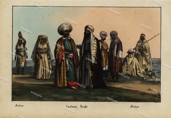 Rare antique hand colored decorative art print Arabic people and costumes