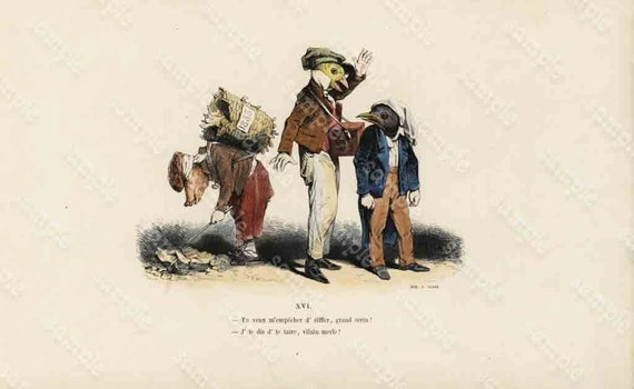 Antique colored Lithographs funny looking charatcers from LES Metamorphoses Grandville