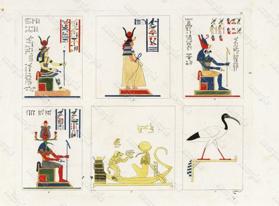 Antique original Hand colored  Engraving Egyptians Gods   dated 1825 - RARE