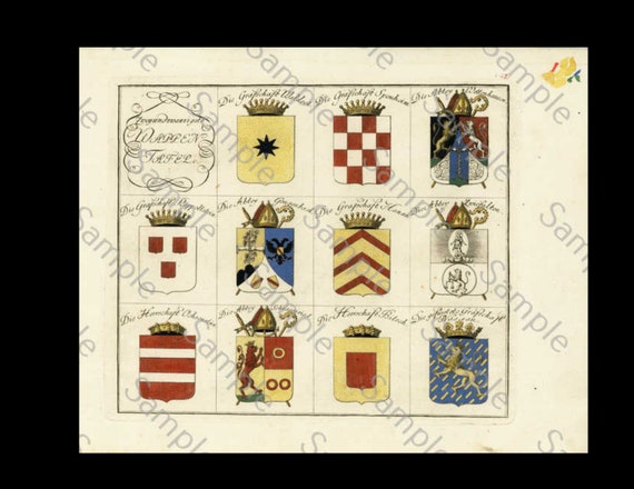 HERALDRY, coat of arms , large copper engraving, hand colored plate, circa 1790-1810, decorative art, hotel decoration, home decor