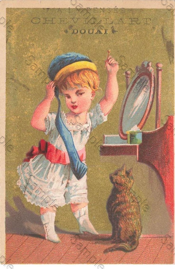 Rare  Victorian Trade card child with a cat