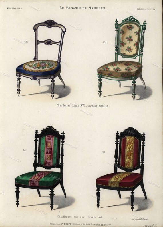 19th Century Original Antique Hand Colored Engraving  - Furniture engraving  decorative art art decor Chairs Meubles et Objets