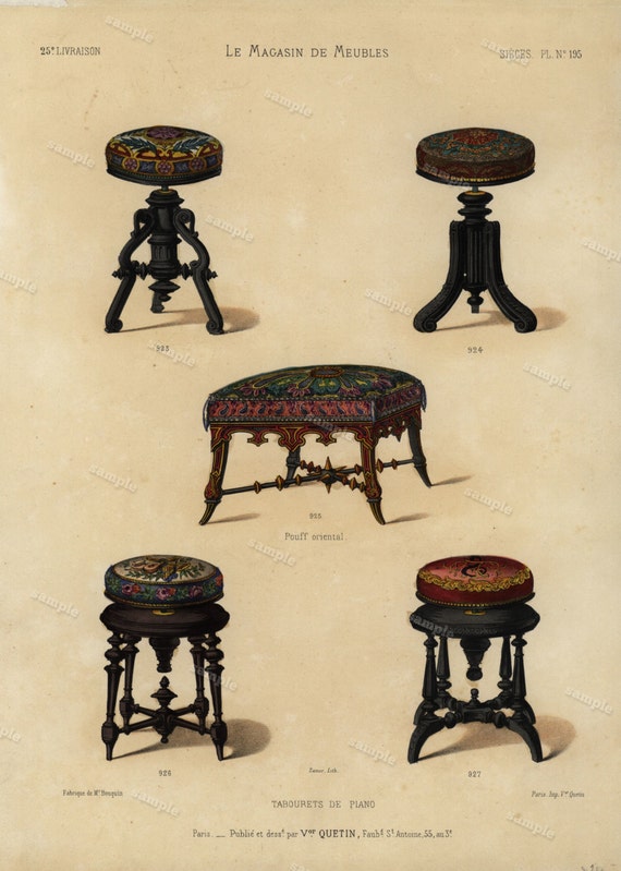 19th Century Original Antique Hand Colored Engraving  - Furniture engraving of Chairs decorative art art decor Meubles et Objets