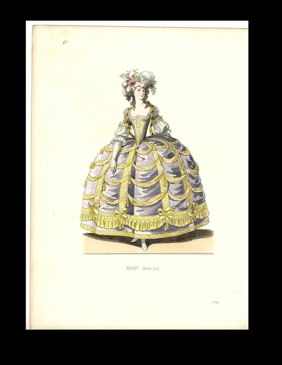 Antique Hand Colored Original -Costume Engraving Woman in ball gown, France, 18th century Decorative art- Georges Duplessis