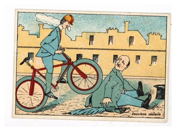 Antique Victorian Trade card chromo Bicycling funny