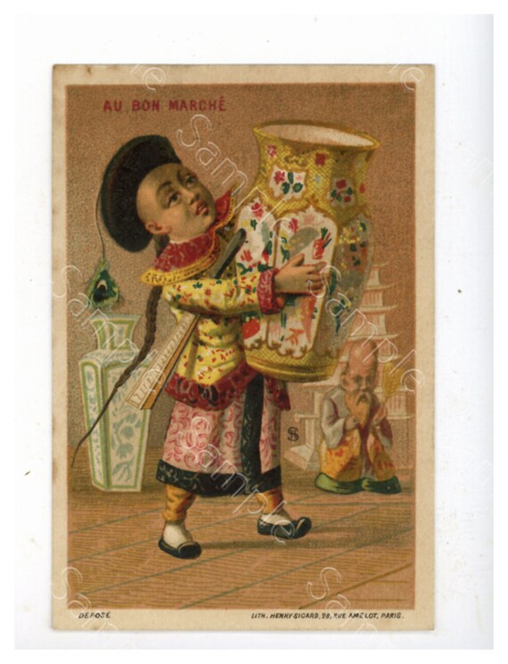 Antique Victorian Trade card chromo Asians Merchants Au bon Marchhe