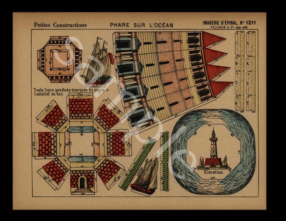 Original Antique Hand Colored Architectural Print Petits constructions Lighthouse On The Ocean