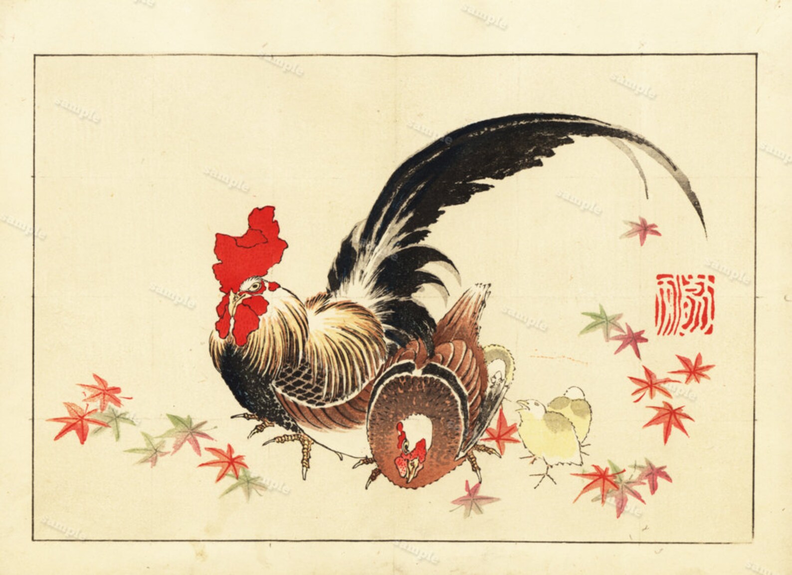 Japanese Roosters Chicken Antique Woodblock print From 1900 image 1.