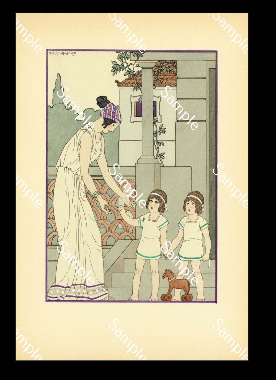 Gravure Art Déco Kuhn-Régnier - Estampe Aquarellée Au Pochoir Hippocrate/Médecine - Années 1930