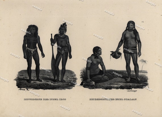 Authentic 1842 Natural History Print of Human Race-   Natives of Iros  and Oualan Island   Large print-black and white zoology print