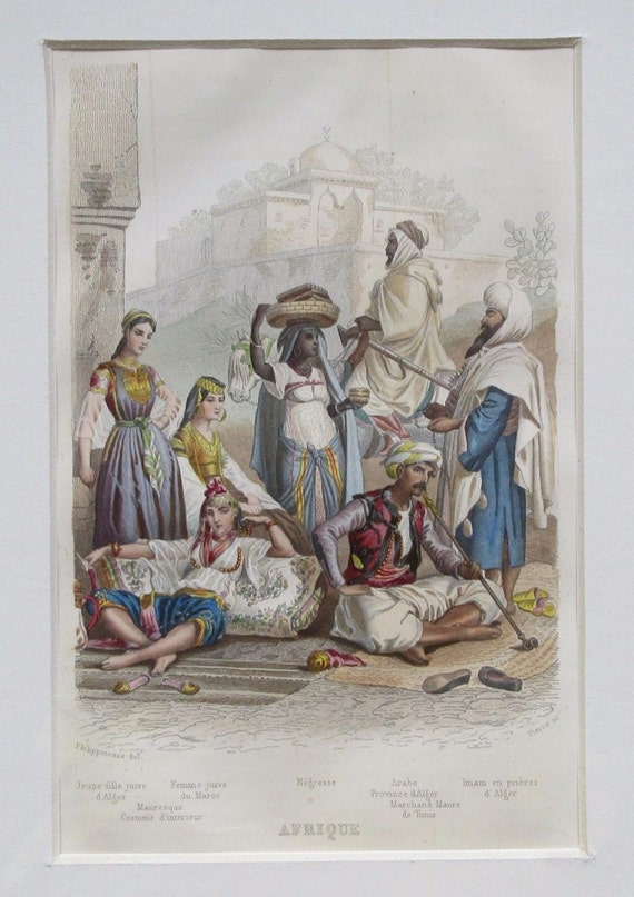 Hand colored 1859 Costume print -  Africa, Algeria, Morocco, Negress, Tunis.-  -Decorative Art- Fashion Matted