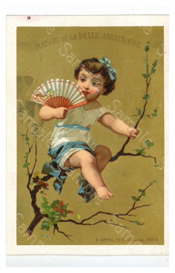 Antique Victorian Trade card chromo little girl on a tree branch