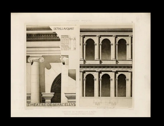 Antique Original Engraving of Architectural Elements From Fragments D’Architecture Palestrine   1905 D'Espouy Rome