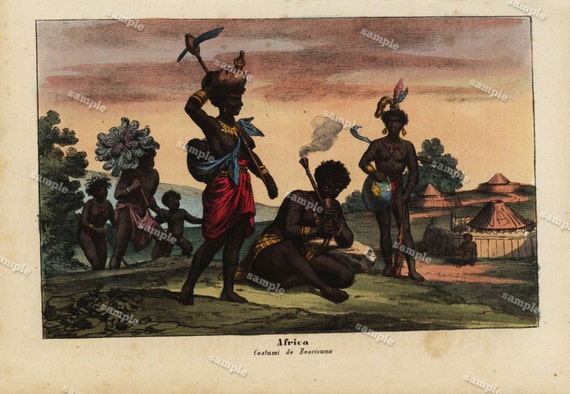 African Costumes  hand colored print original engraving print