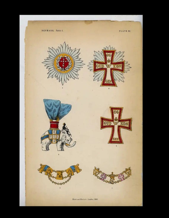 Rare  Original hand Color  knighthood and decorations of honor medals and coat of arms