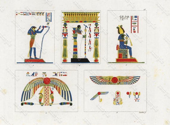 Antique original Hand colored  Engraving Egyptians Gods   dated 1825 - RARE