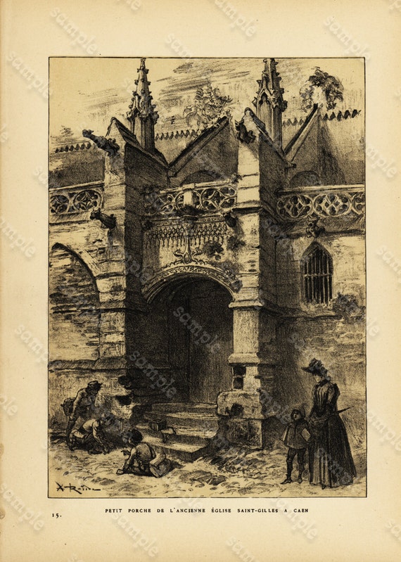 Original  Antique Gothic Architecture Lithograph of  Petit  Porche De L' Ancienne Eglise Saint Gilles A caen