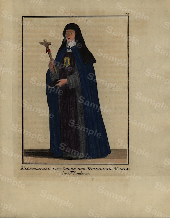 Rare Religious hand colored Decorative Art engraving Monastery Woman Order of Cleaning Marie in Flanders dates 1754