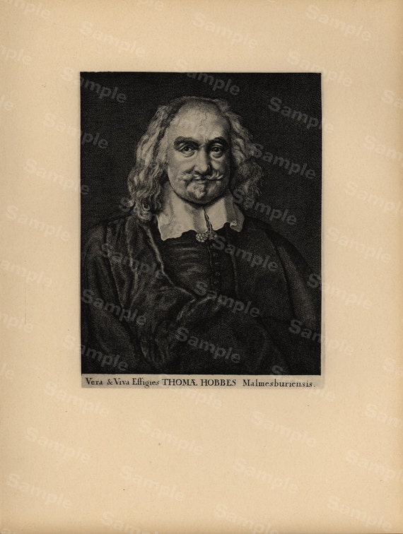 19th Century original antique portrait of Thomas Hobbes Large size black and white Lithograph