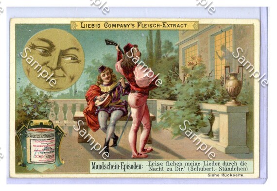 Victorian Trade card late 1890 - 1910 liebig  Musicians and smiling moon