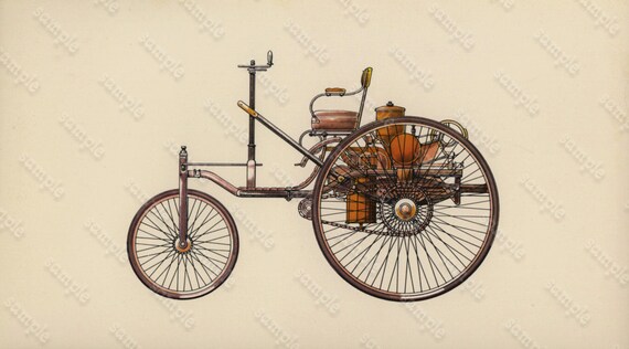 1975  Cars Lithographs  1885 Benz Patent Motor Wagon Original From First Edition.