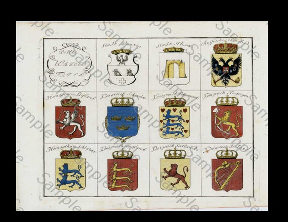 HERALDRY, coat of arms , large copper engraving, hand colored plate, circa 1790-1810, decorative art, hotel decoration, home decor