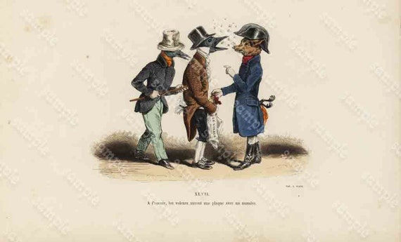 Antique colored Lithographs funny looking charatcers from LES Metamorphoses Grandville