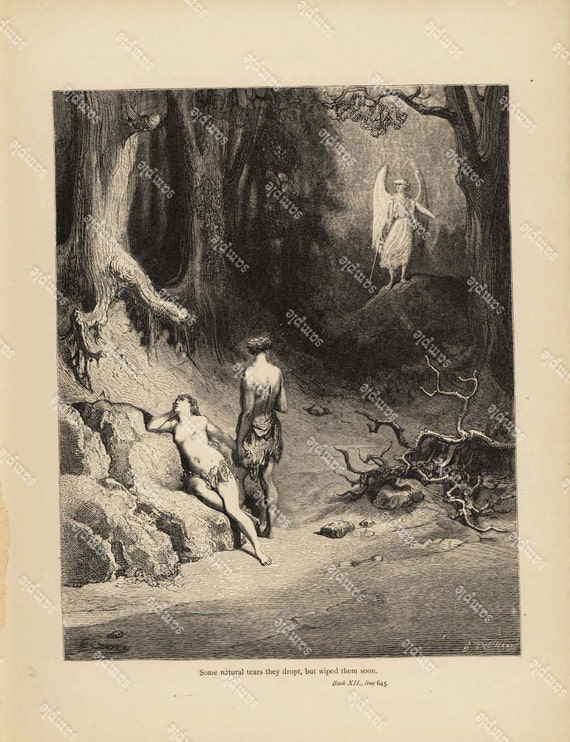 Antique Original Biblical Print by Gustavo Dore From Rare Milton's Paradise Lost -   Some natural Tears they dropt but wiped soon