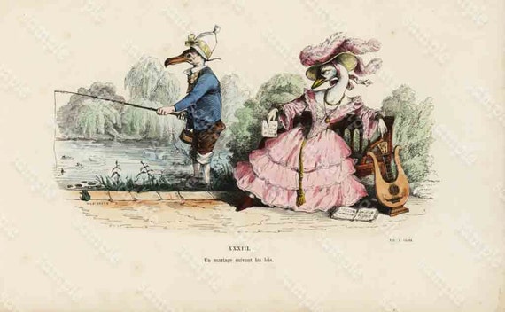 Antique colored Lithographs funny looking charatcers from LES Metamorphoses Grandville