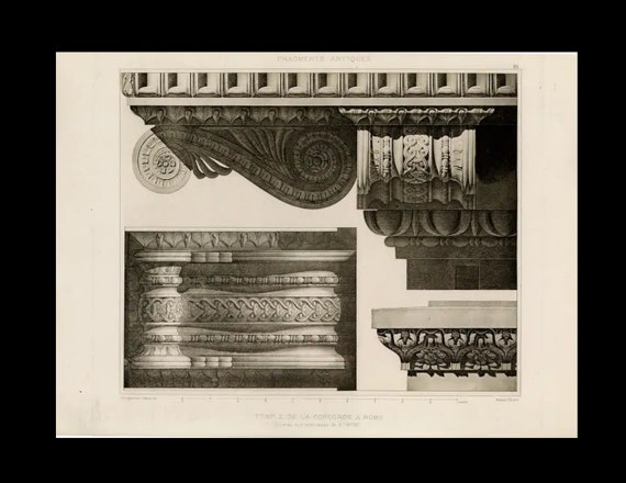 Antique Original Engraving of Architectural Elements From Fragments D’Architecture Palestrine   1905 D'Espouy Rome