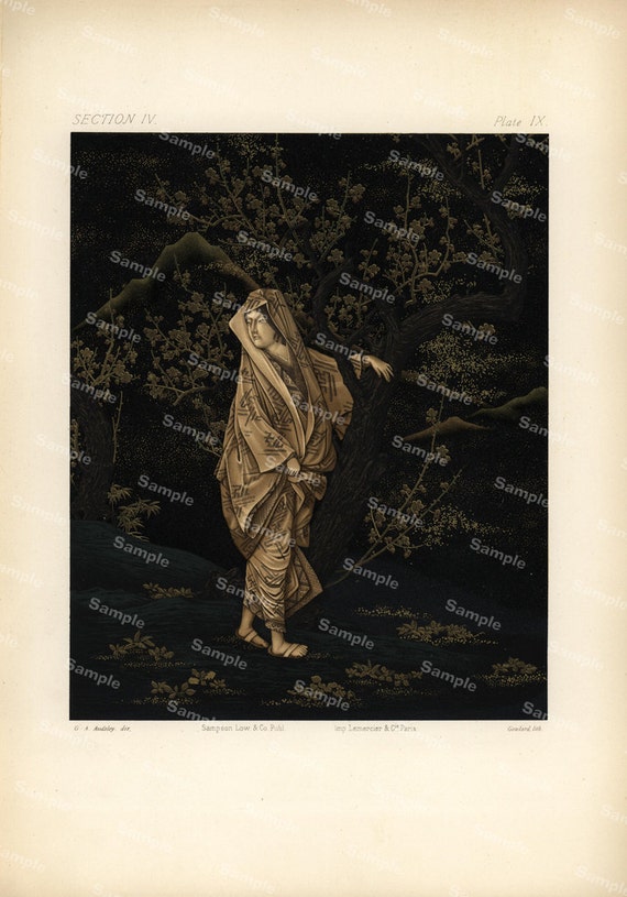 Japanese decorative art original color lithograph print of a dates Girl in a dark night by the tree 1887 large size profile