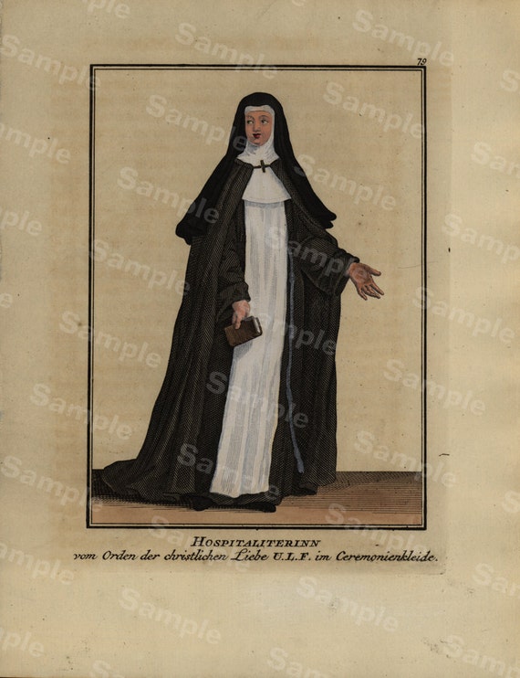 Rare Religious hand colored Decorative Art engraving Monastery Woman Order of Christian Love