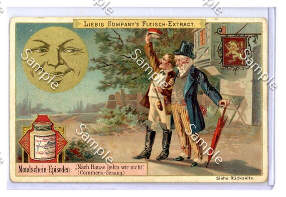 Victorian Trade card late 1890 - 1910 liebig  people and smiley Moon