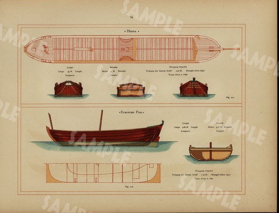 Rare boats fishing boats color lithograph print boat making original art wall art decorative art  boat making boat architecture