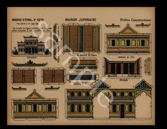Original Antique Hand Colored Architectural Print Petits constructions Japanese house