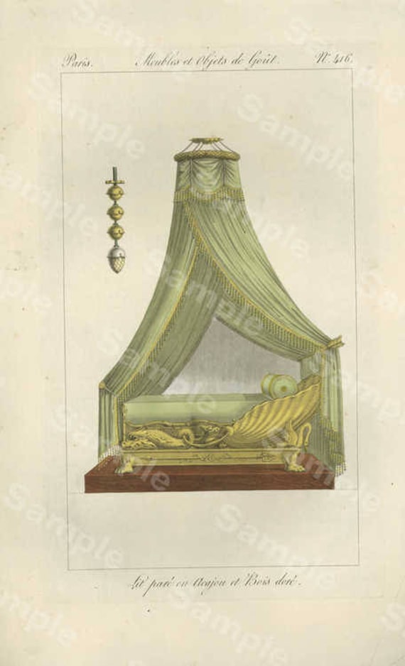 18 century Meubles et Objects French Victorian bed and Curtains hand colored Engraving