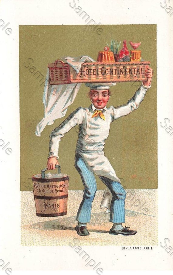 Rare  Victorian Trade card Large chromo Advertising Menu Hotel Continental, Rue de Castiglione