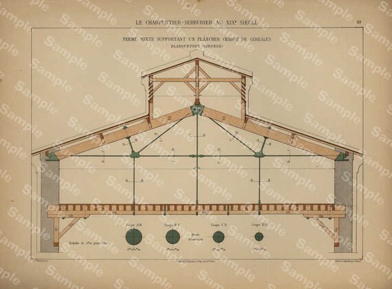 Unique Antique Architectural Print Le Charpentier Serrurier Au XIX Siecle decorative wall art original color lithograph print Very Rare