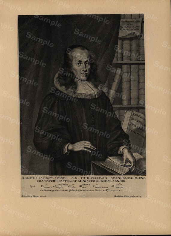 19th Century original antique portrait of Phillipp Jakob Spener Large size black and white Lithograph