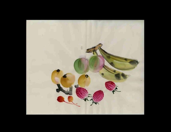 Original hand drawn hand painted Japanese print Fruits, banana and cherries