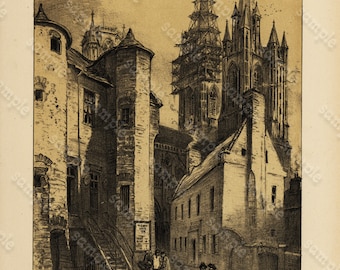 Original  Antique Gothic Architecture Lithograph of Cathedral De Coutances