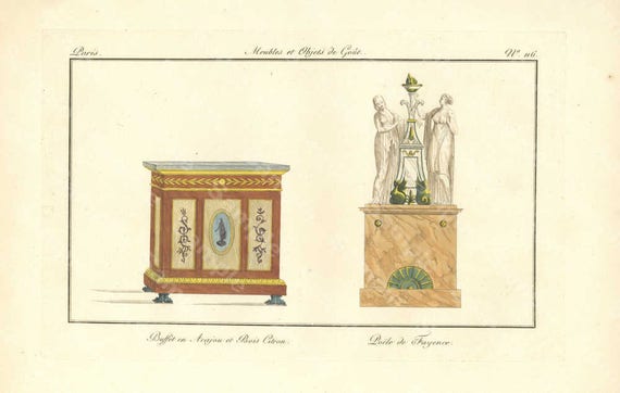 Original Antique Hand Colored Engraving,Furniture from Collection de Meubles et Objets de Goût by Pierre de La Mésangère (1761-1831)