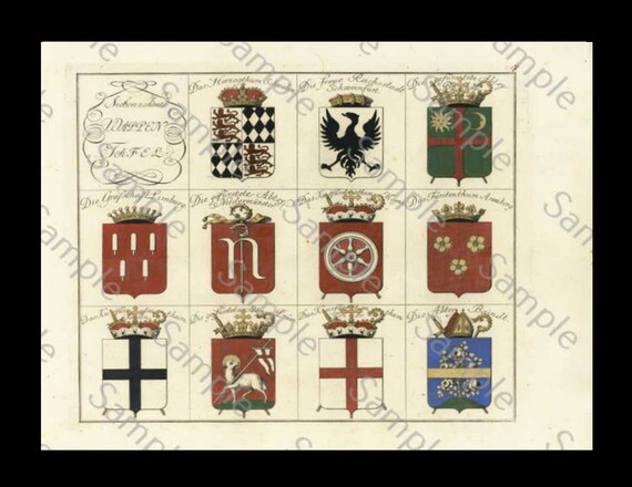 HERALDRY, coat of arms , large copper engraving, hand colored plate, circa 1790-1810, decorative art, hotel decoration, home decor