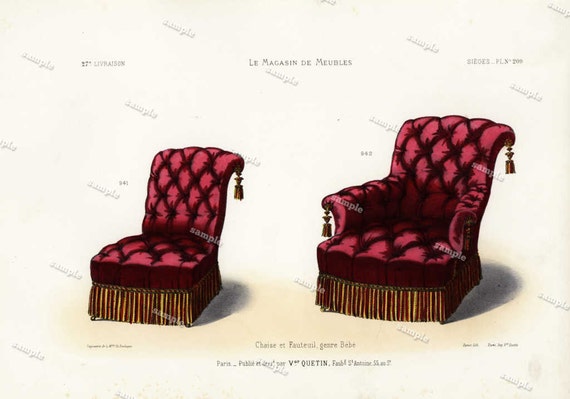 Original Antique 19th Century Hand colored French Furniture Lithographs - sofa- Chairs